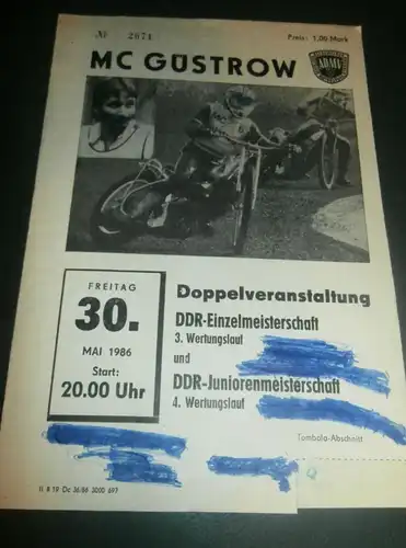 Speedway Güstrow 30.05.1986 , DDR Meisterschaft , Programmheft , Programm , Rennprogramm !!!