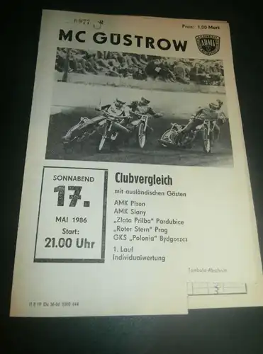 Speedway Güstrow 17.05.1986 , Zlata Prilba Pardubice , Slany , Plzen , Programmheft , Programm , Rennprogramm !!!