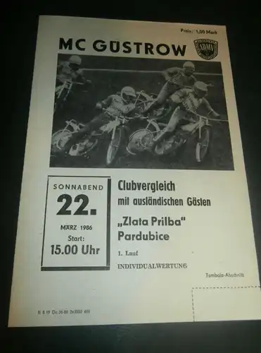 Speedway Güstrow 22.03.1986 , Zlata Prilba Pardubice , Programmheft , Programm , Rennprogramm !!!