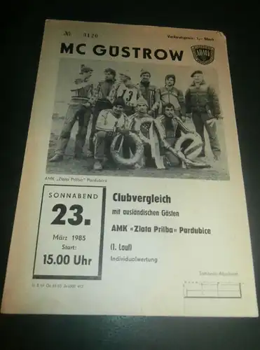 Speedway Güstrow 23.03.1985 , Zlata Prilba Pardubice , Programmheft , Programm , Rennprogramm !!!