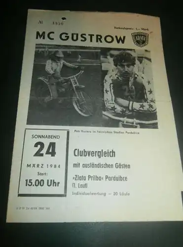 Speedway Güstrow 24.03.1984 , Zlata Prilba Pardubice , Programmheft , Programm , Rennprogramm !!!