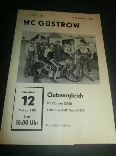 Speedway Güstrow 12.03.1983 , Plzen , Slany , Programmheft , Programm , Rennprogramm !!!