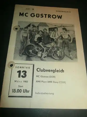 Speedway Güstrow 13.03.1983 , Plzen , Slany , Programmheft , Programm , Rennprogramm !!!