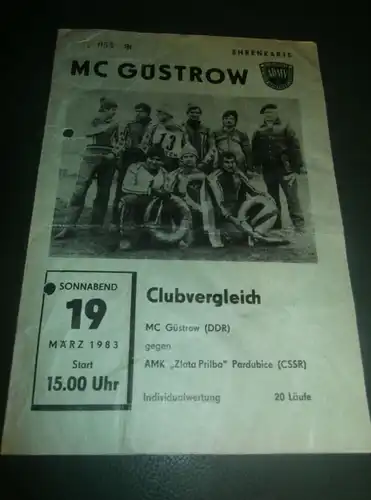 Speedway Güstrow 19.03.1983 , Zlata Prilba Pardubice , Programmheft , Programm , Rennprogramm !!!