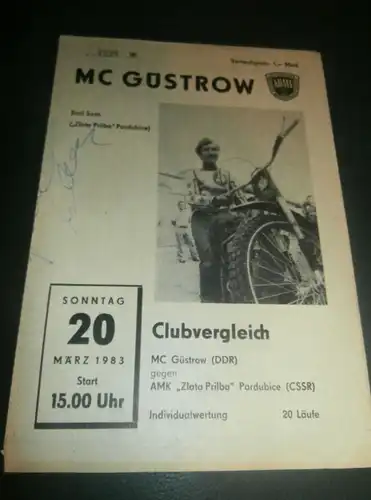 Speedway Güstrow 20.03.1983 , Zlata Prilba Pardubice , Programmheft , Programm , Rennprogramm !!!
