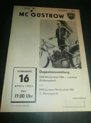 Speedway Güstrow 16.04.1983 , DDR Meisterschaft , Programmheft , Programm , Rennprogramm !!!