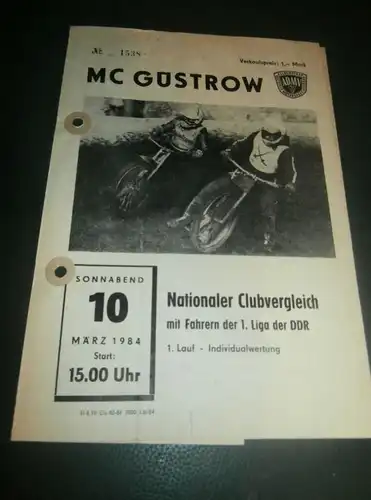Speedway Güstrow 10.03.1984 , nationaler Clubvergleich , Programmheft , Programm , Rennprogramm !!!
