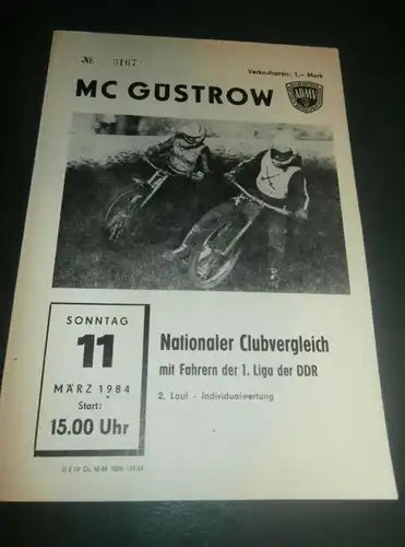 Speedway Güstrow 11.03.1984 , nationaler Clubvergleich , Programmheft , Programm , Rennprogramm !!!