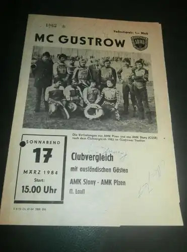 Speedway Güstrow 17.03.1984 , Slany , Plzen , Programmheft , Programm , Rennprogramm !!!
