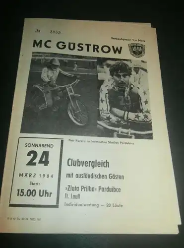 Speedway Güstrow 24.03.1984 , Pardubice , Programmheft , Programm , Rennprogramm !!!