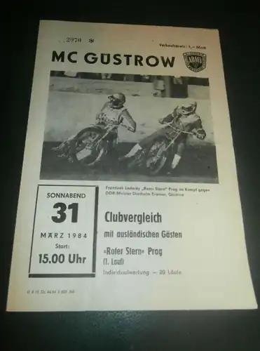 Speedway Güstrow 31.03.1984 , Prag , Programmheft , Programm , Rennprogramm !!!