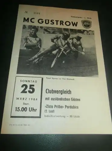 Speedway Güstrow 25.03.1984 , Zlata Prilba Pardubice , Programmheft , Programm , Rennprogramm !!!