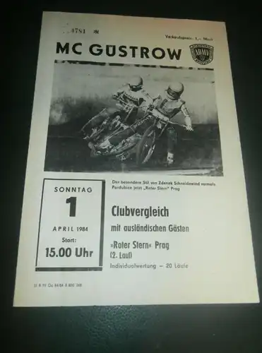 Speedway Güstrow 01.04.1984 , Prag , Programmheft , Programm , Rennprogramm !!!