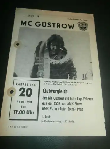 Speedway Güstrow 20.04.1984 , Slany , Prag , Programmheft , Programm , Rennprogramm !!!