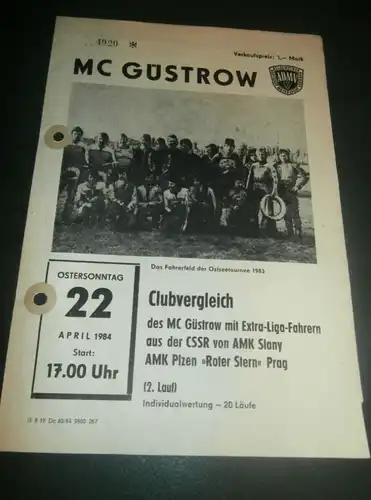 Speedway Güstrow 22.04.1984 , Slany , Prag , Programmheft , Programm , Rennprogramm !!!