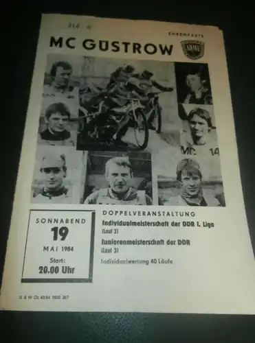 Speedway Güstrow 19.05.1984 , DDR Meisterschaft , Programmheft , Programm , Rennprogramm !!!