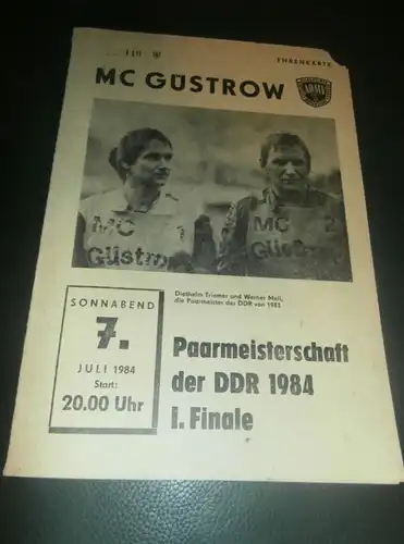 Speedway Güstrow 07.07.1984 , Finale DDR Meisterschaft , Programmheft , Programm , Rennprogramm !!!