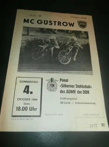 Speedway Güstrow 04.10.1984 , Silberner Stahlschuh , Programmheft , Programm , Rennprogramm !!!