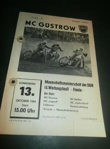 Speedway Güstrow 13.10.1984 , DDR Meisterschaft Finale  , Programmheft , Programm , Rennprogramm !!!