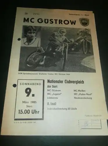 Speedway Güstrow 09.03.1985 , Neubrandenburg , Meißen , Lübbenau , Programmheft , Programm , Rennprogramm !!!