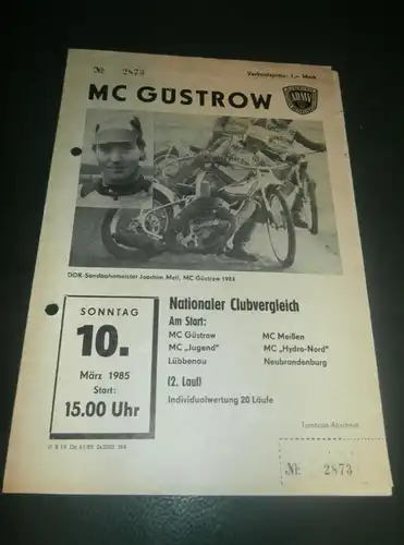 Speedway Güstrow 10.03.1985 , Neubrandenburg , Meißen , Lübbenau , Programmheft , Programm , Rennprogramm !!!