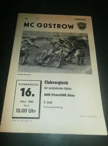 Speedway Güstrow 16.03.1985 , Plzen , Slany , Programmheft , Programm , Rennprogramm !!!