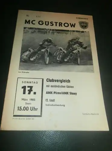 Speedway Güstrow 17.03.1985 , Plzen , Slany , Programmheft , Programm , Rennprogramm !!!