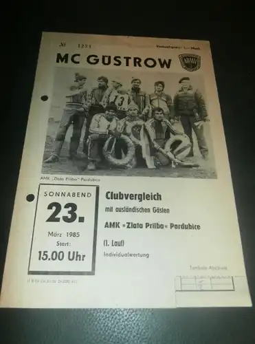 Speedway Güstrow 23.03.1985 , Zlata Prilba Pardubice , Programmheft , Programm , Rennprogramm !!!