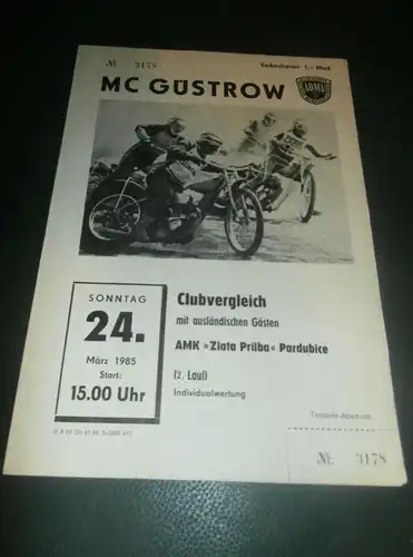 Speedway Güstrow 24.03.1985 , Zlata Prilba Pardubice , Programmheft , Programm , Rennprogramm !!!