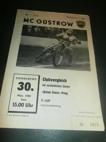 Speedway Güstrow 30.03.1985 , Prag , Programmheft , Programm , Rennprogramm !!!