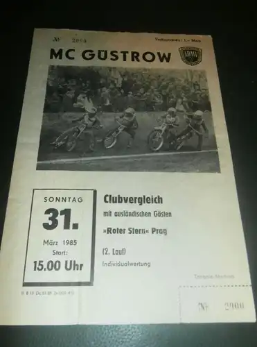Speedway Güstrow 31.03.1985 , Prag , Programmheft , Programm , Rennprogramm !!!