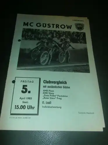 Speedway Güstrow 05.04.1985 , Plzen , Slany , Pardubice , Prag , Programmheft , Programm , Rennprogramm !!!
