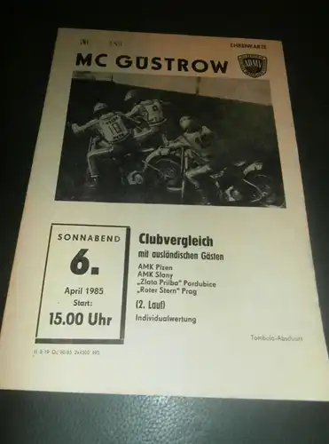 Speedway Güstrow 06.04.1985 , Plzen , Slany , Pardubice , Prag , Programmheft , Programm , Rennprogramm !!!