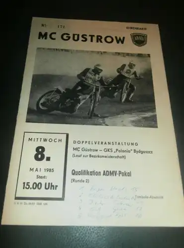Speedway Güstrow 08.05.1985 , Bydgoszcz , ADMV Pokal , Programmheft , Programm , Rennprogramm !!!