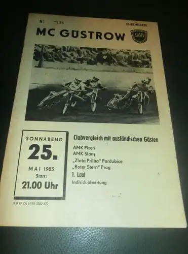 Speedway Güstrow 25.05.1985 , Plzen , Slany , Pardubice , Prag , Programmheft , Programm , Rennprogramm !!!