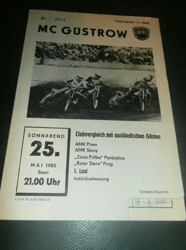 Speedway Güstrow 25.05.1985 , Plzen , Slany , Pardubice , Prag , Programmheft , Programm , Rennprogramm !!!