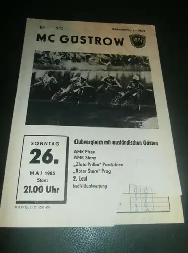 Speedway Güstrow 26.05.1985 , Plzen , Slany , Pardubice , Prag , Programmheft , Programm , Rennprogramm !!!