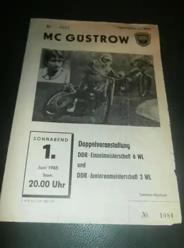 Speedway Güstrow 01.06.1985 , DDR Meisterschaft , Programmheft , Programm , Rennprogramm !!!