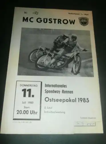 Speedway Güstrow 11.07.1985 , Ostseepokal , Programmheft , Programm , Rennprogramm !!!