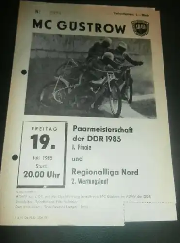 Speedway Güstrow 19.07.1985 , DDR Meisterschaft Finale , Programmheft , Programm , Rennprogramm !!!