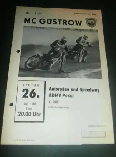 Speedway Güstrow 26.07.1985 , ADMV Pokal und Autorodeo , Programmheft , Programm , Rennprogramm !!!