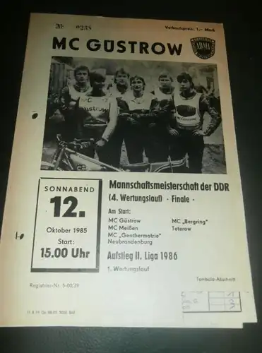 Speedway Güstrow 12.10.1985 , DDR Meisterschaft Finale , Programmheft , Programm , Rennprogramm !!!