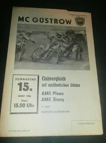 Speedway Güstrow 15.03.1986 , Plzen , Slany , Programmheft , Programm , Rennprogramm !!!