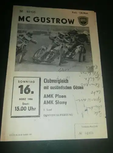 Speedway Güstrow 16.03.1986 , Plzen , Slany , Programmheft , Programm , Rennprogramm !!!