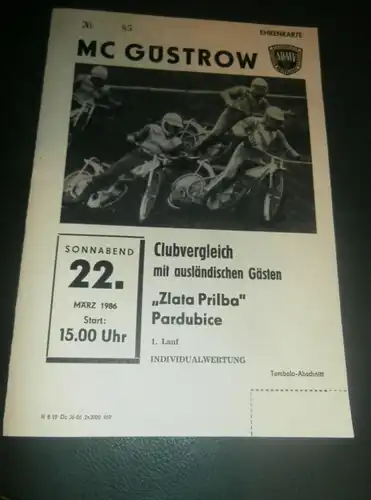 Speedway Güstrow 22.03.1986 , Zlata Prilba Pardubice , Programmheft , Programm , Rennprogramm !!!