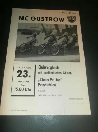 Speedway Güstrow 23.03.1986 , Zlata Prilba Pardubice , Programmheft , Programm , Rennprogramm !!!