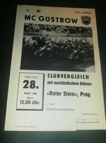 Speedway Güstrow 28.03.1986 , Prag , Programmheft , Programm , Rennprogramm !!!