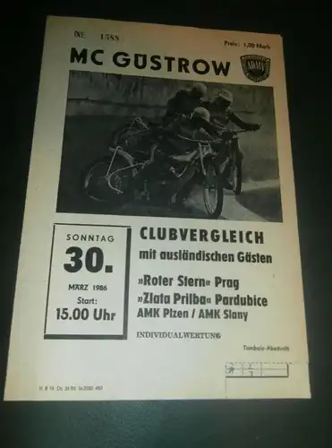 Speedway Güstrow 30.03.1986 , Prag , Pardubice , Plzen , Slany , Programmheft , Programm , Rennprogramm !!!
