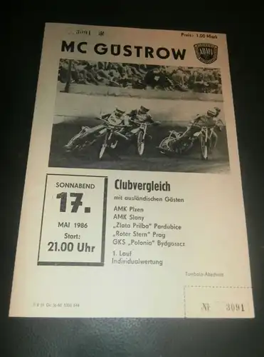 Speedway Güstrow 17.05.1986 , Plzen , Slany , Pardubice , Programmheft , Programm , Rennprogramm !!!