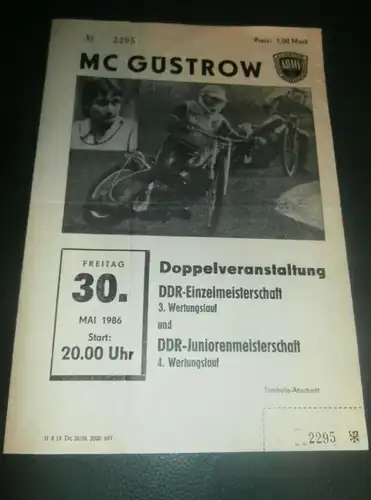 Speedway Güstrow 30.05.1986 , DDR Meisterschaft , Programmheft , Programm , Rennprogramm !!!